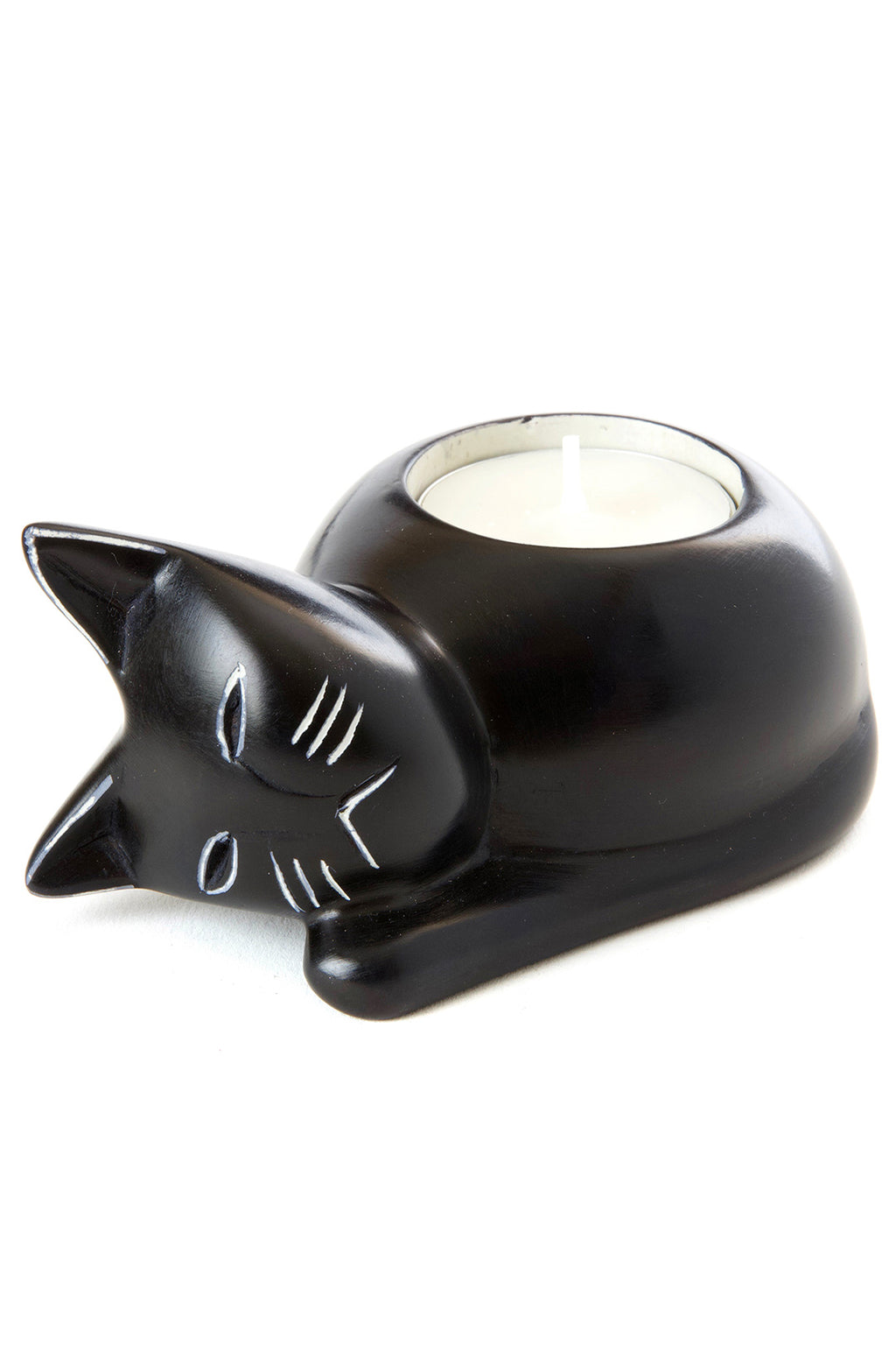 Black Soapstone Cozy Cat Tea Light Candle Holder Default Title