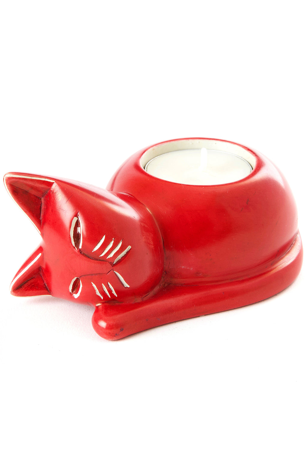 Red Soapstone Cozy Cat Tea Light Candle Holder Default Title