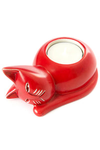 Red Soapstone Cozy Cat Tea Light Candle Holder Default Title