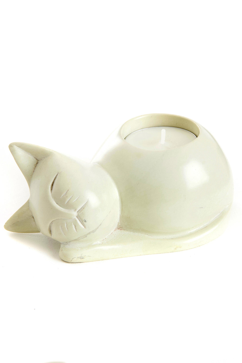 Natural Soapstone Cozy Cat Tea Light Candle Holder Default Title