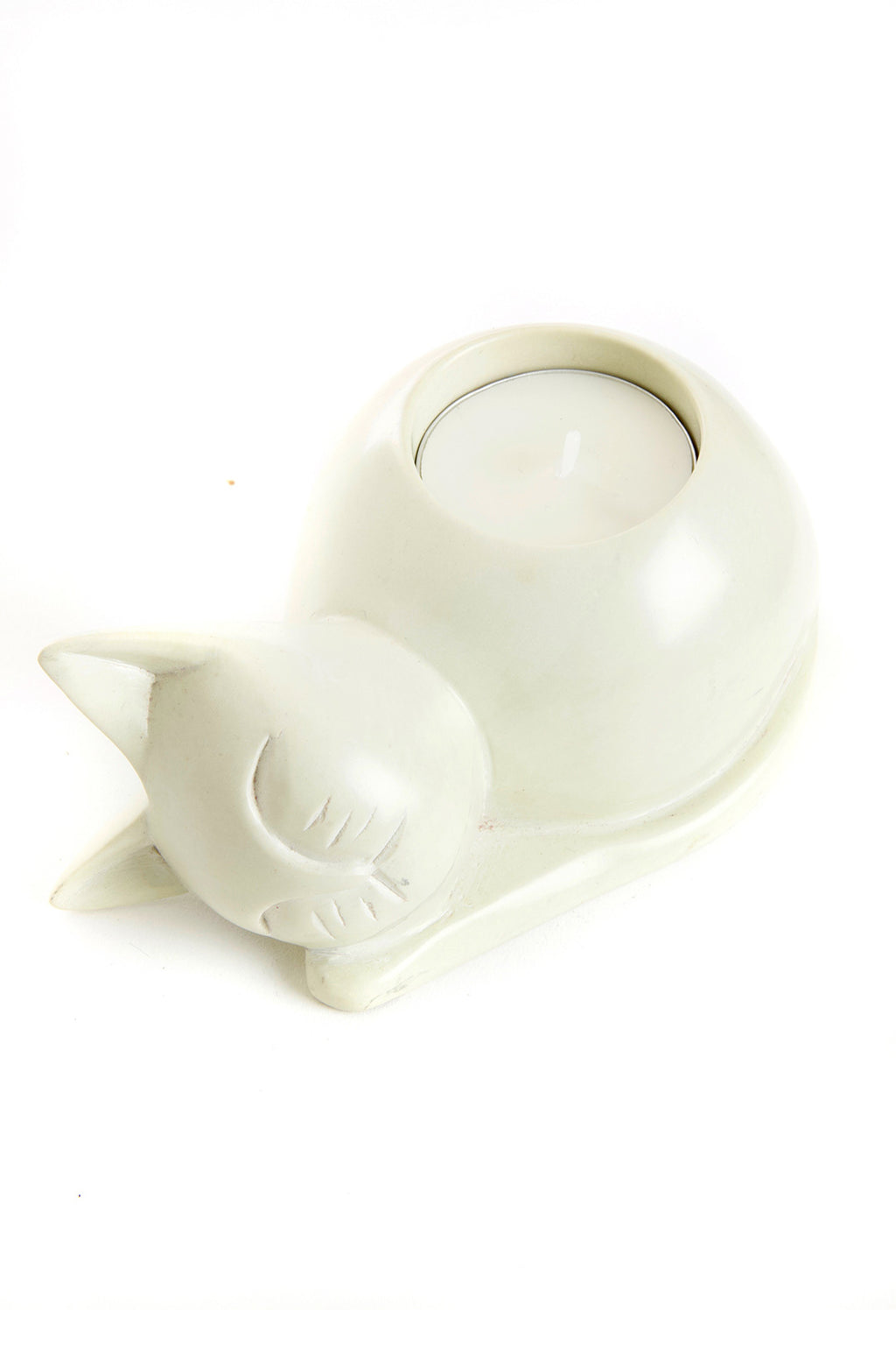 Natural Soapstone Cozy Cat Tea Light Candle Holder Default Title