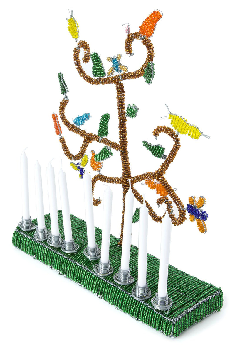 African Tree of Life Beaded Hanukkah Menorah with Green Base