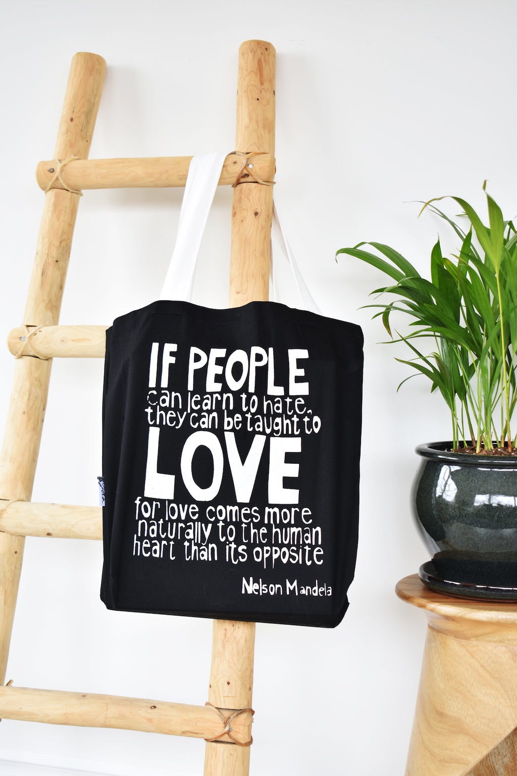 Black <i>Love Comes More Naturally</i> Mandela Tote Bag