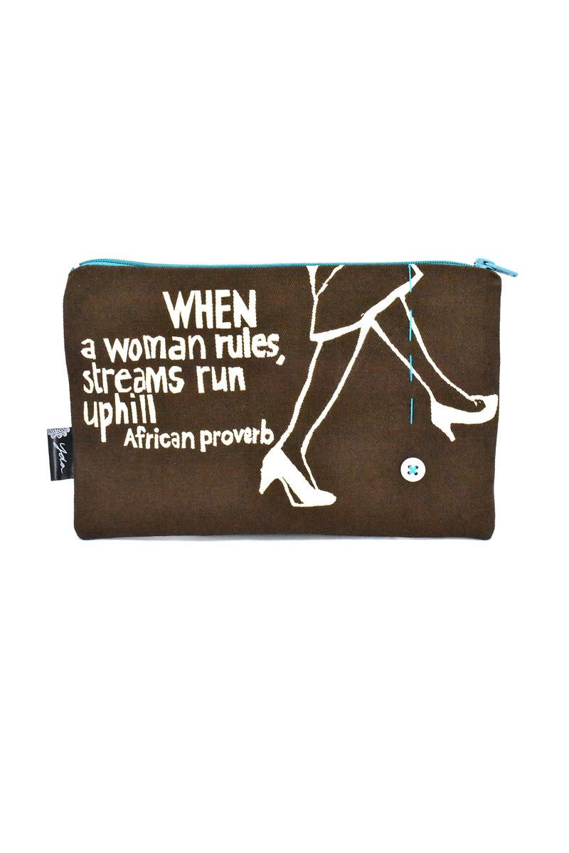 Brown <i>When a Woman Rules</i> 8" African Proverb Pouch