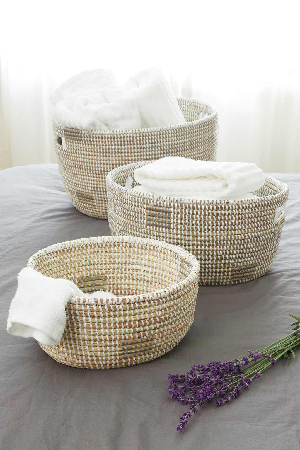 Set of Three Silver and White Block Print Nesting Baskets