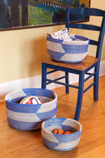 Set of Three Blue Herringbone Sewing Baskets