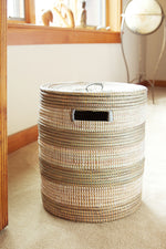 Silver and White Striped Flat Lid Hamper
