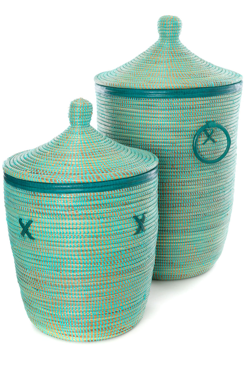 Aqua Blue Hamper Baskets with Leather Trim - Sold Singly