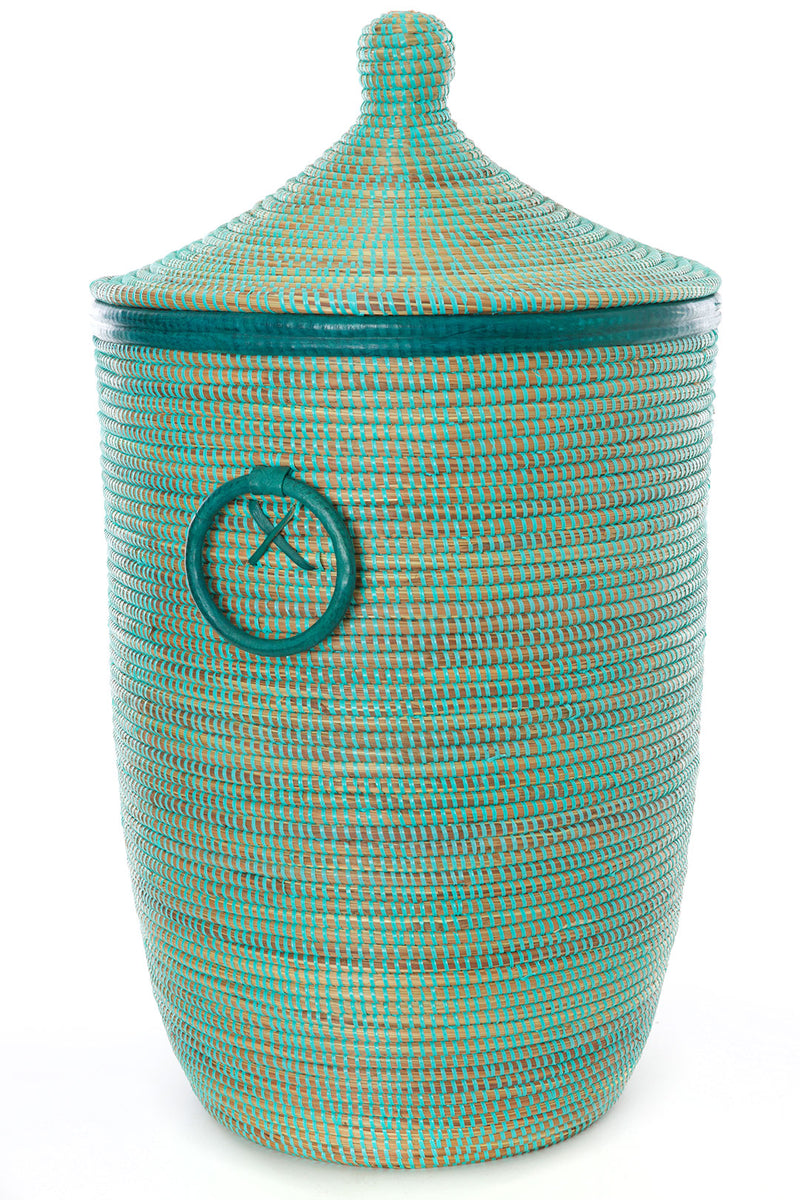 Aqua Blue Hamper Baskets with Leather Trim - Sold Singly