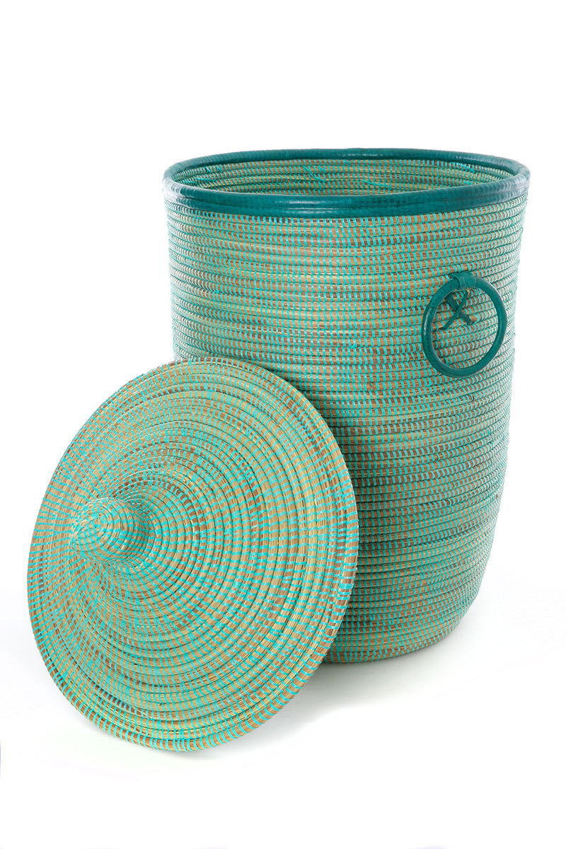 Aqua Blue Hamper Baskets with Leather Trim - Sold Singly