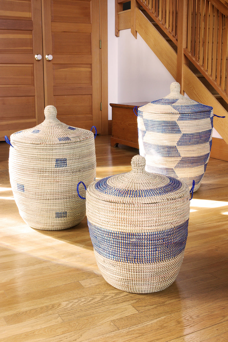Set of Three Blue and Cream Mixed Pattern Hampers Default Title