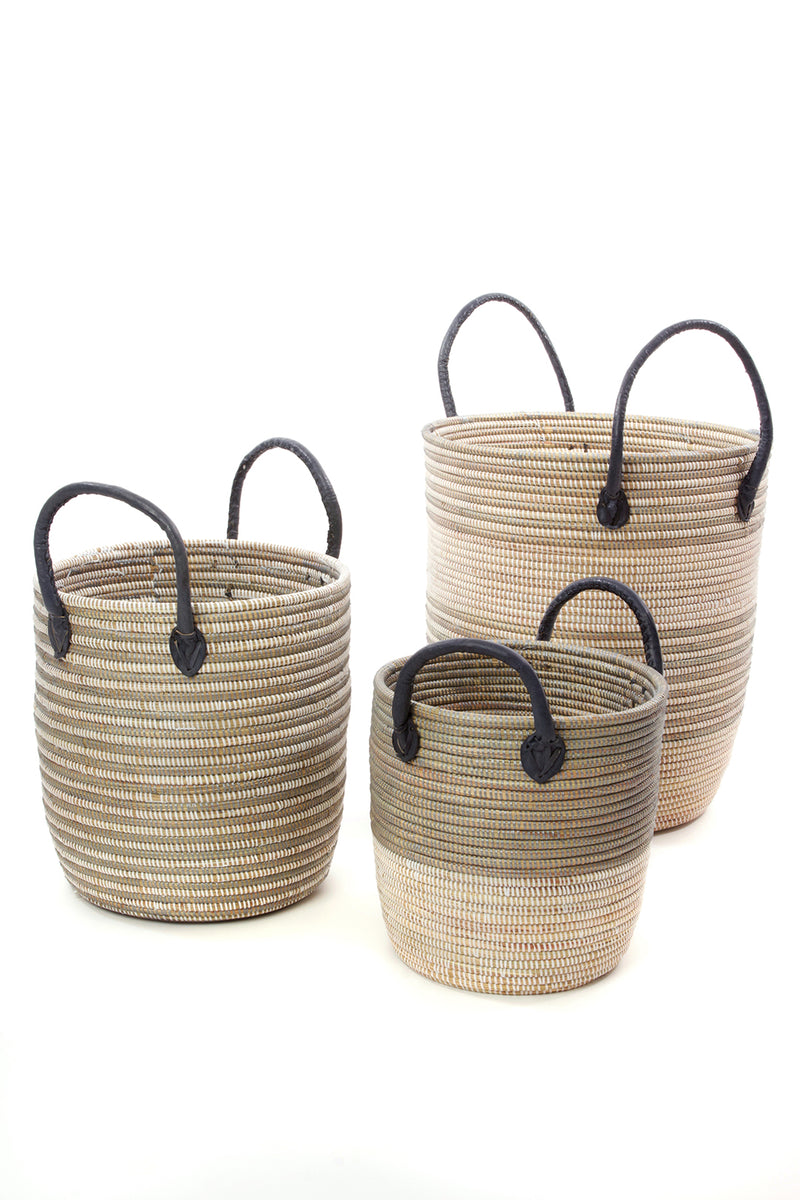 Set/3 Silver Mixed Stripe Baskets with Leather Handles Default Title