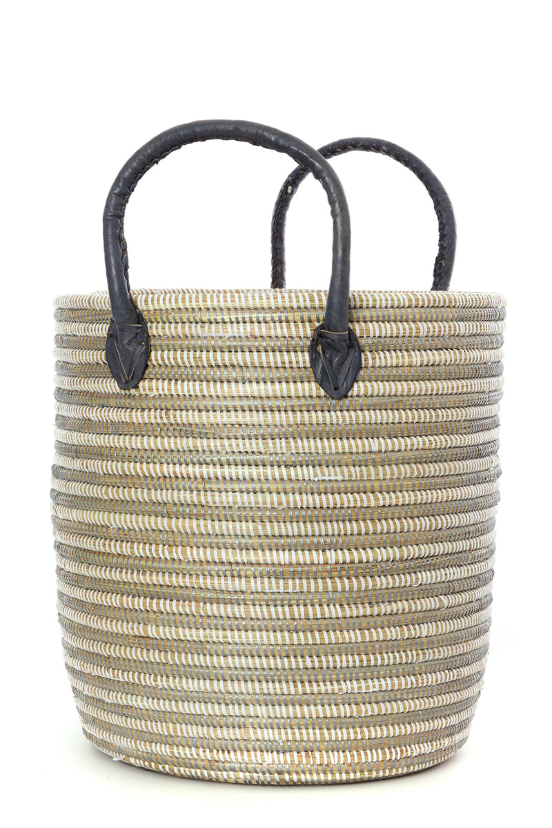 Set/3 Silver Mixed Stripe Baskets with Leather Handles Default Title