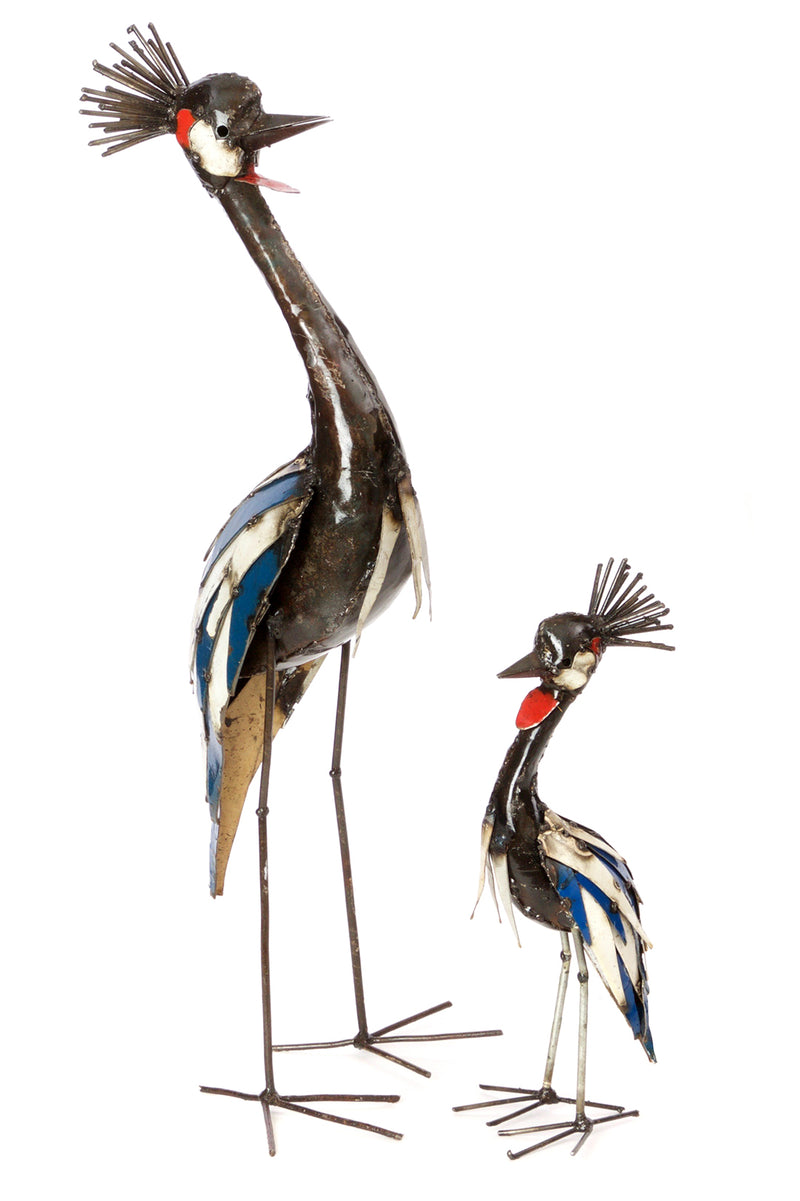 Recycled Metal Crowned Crane Sculptures