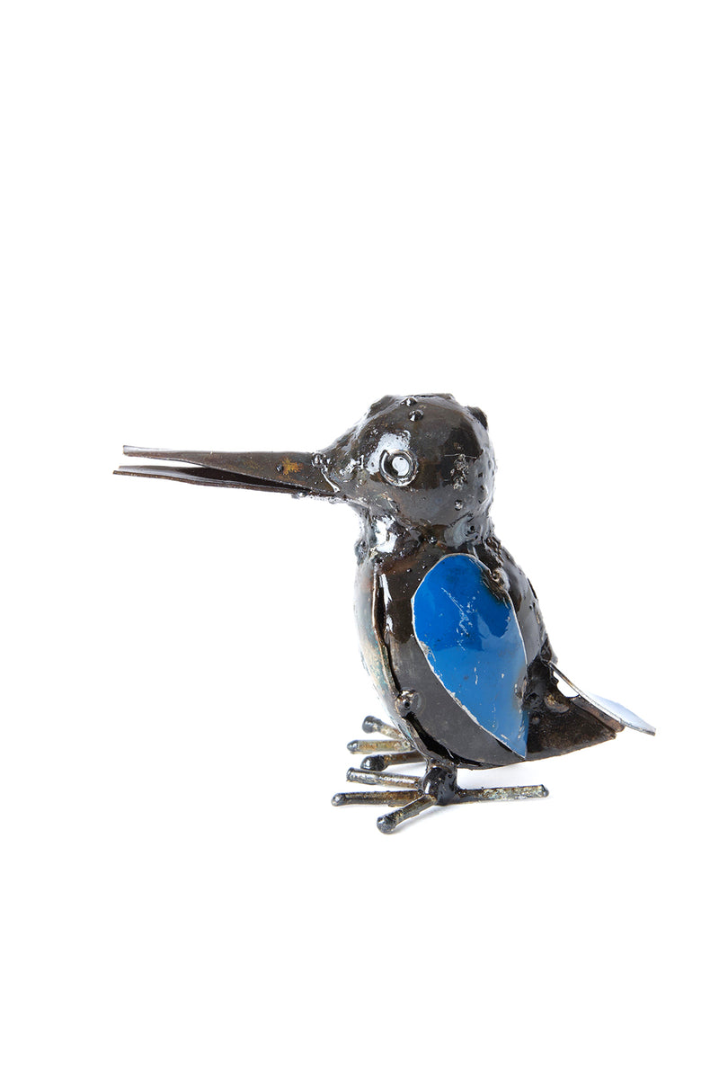 Small Blue Recycled Metal Malachite Kingfisher Bird Sculpture