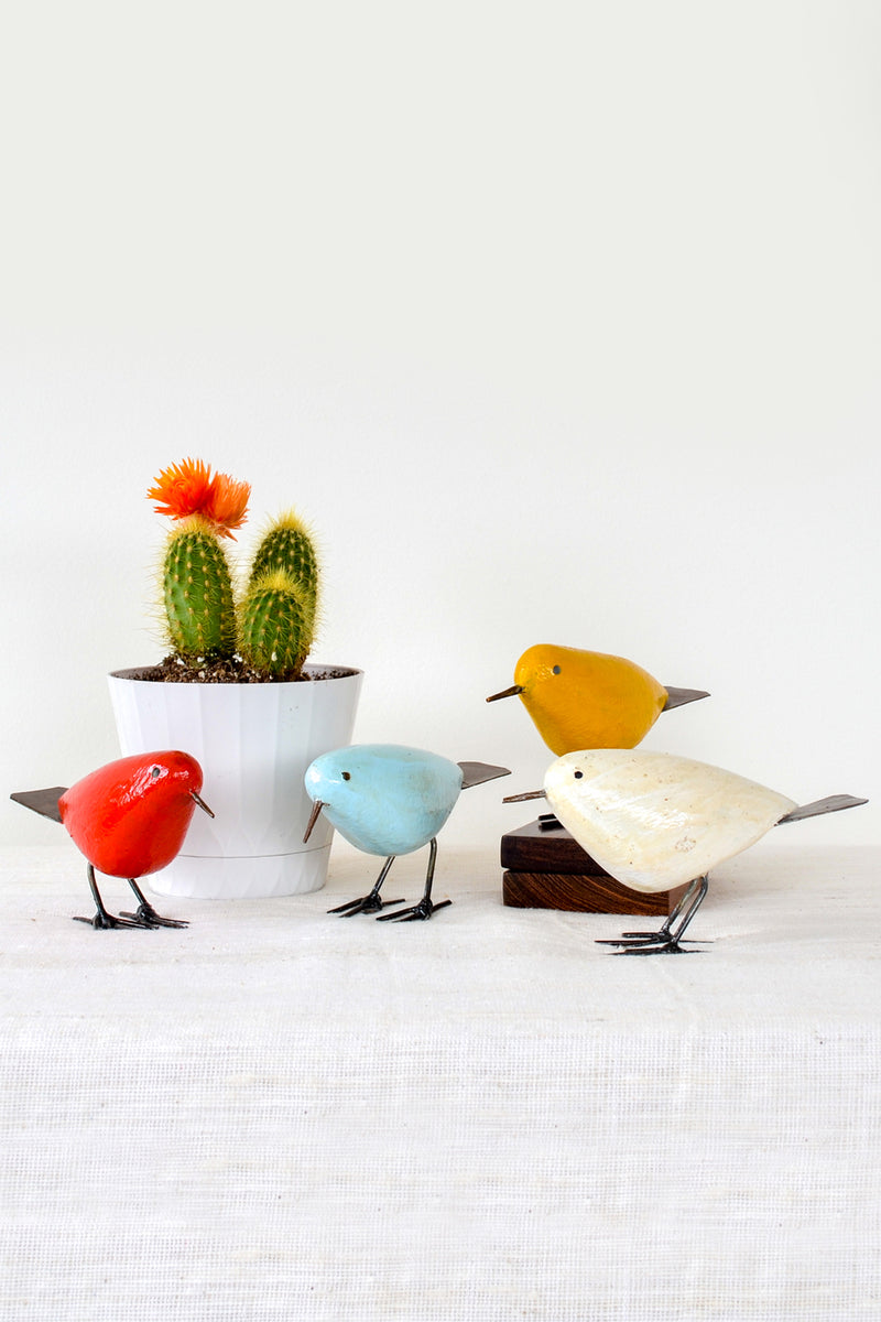 Set of Four Colorful Painted Stone and Metal Birds