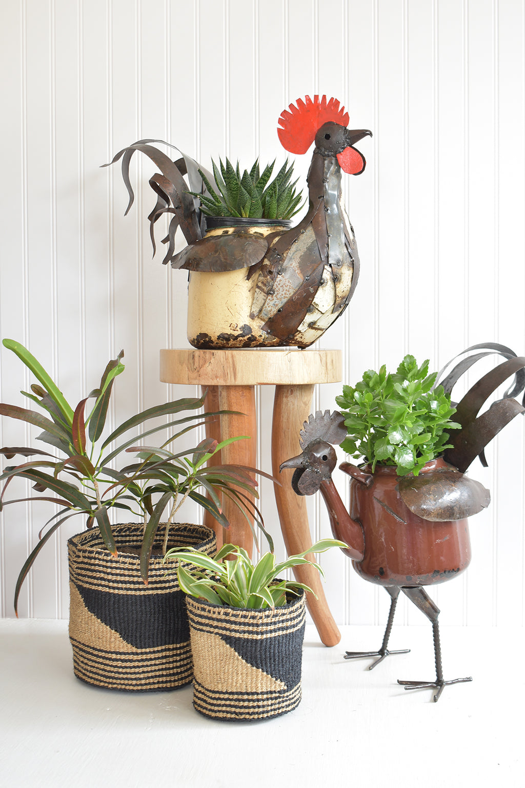 Large Zimbabwean Recycled Teapot Rooster Planter